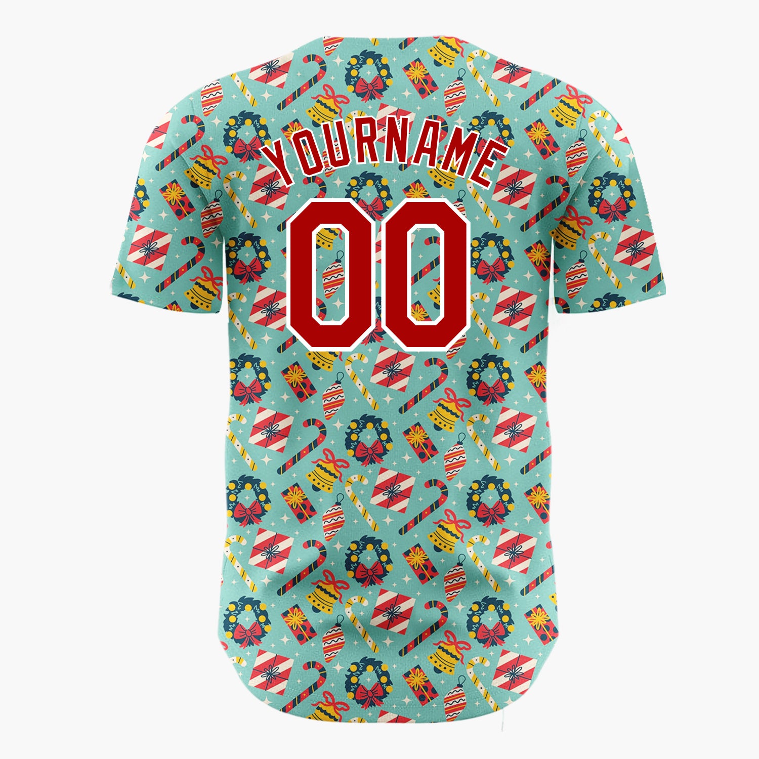 Custom Teal Red Yellow Wreaths And Candy Canes Christmas Baseball Jersey