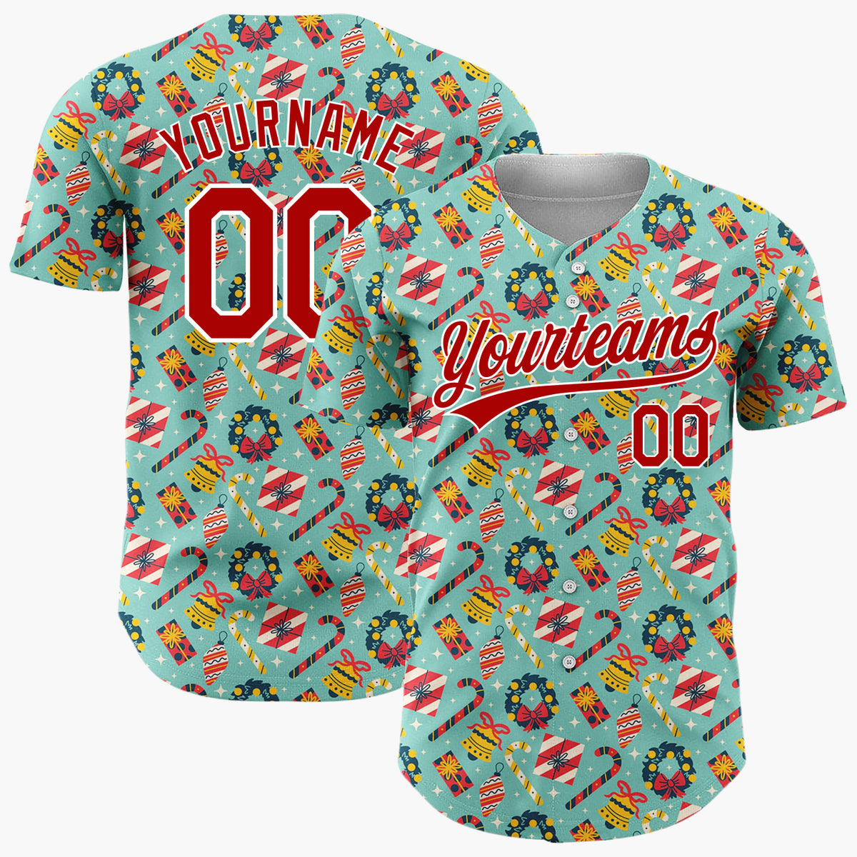 Custom Teal Red Yellow Wreaths And Candy Canes Christmas Baseball Jersey