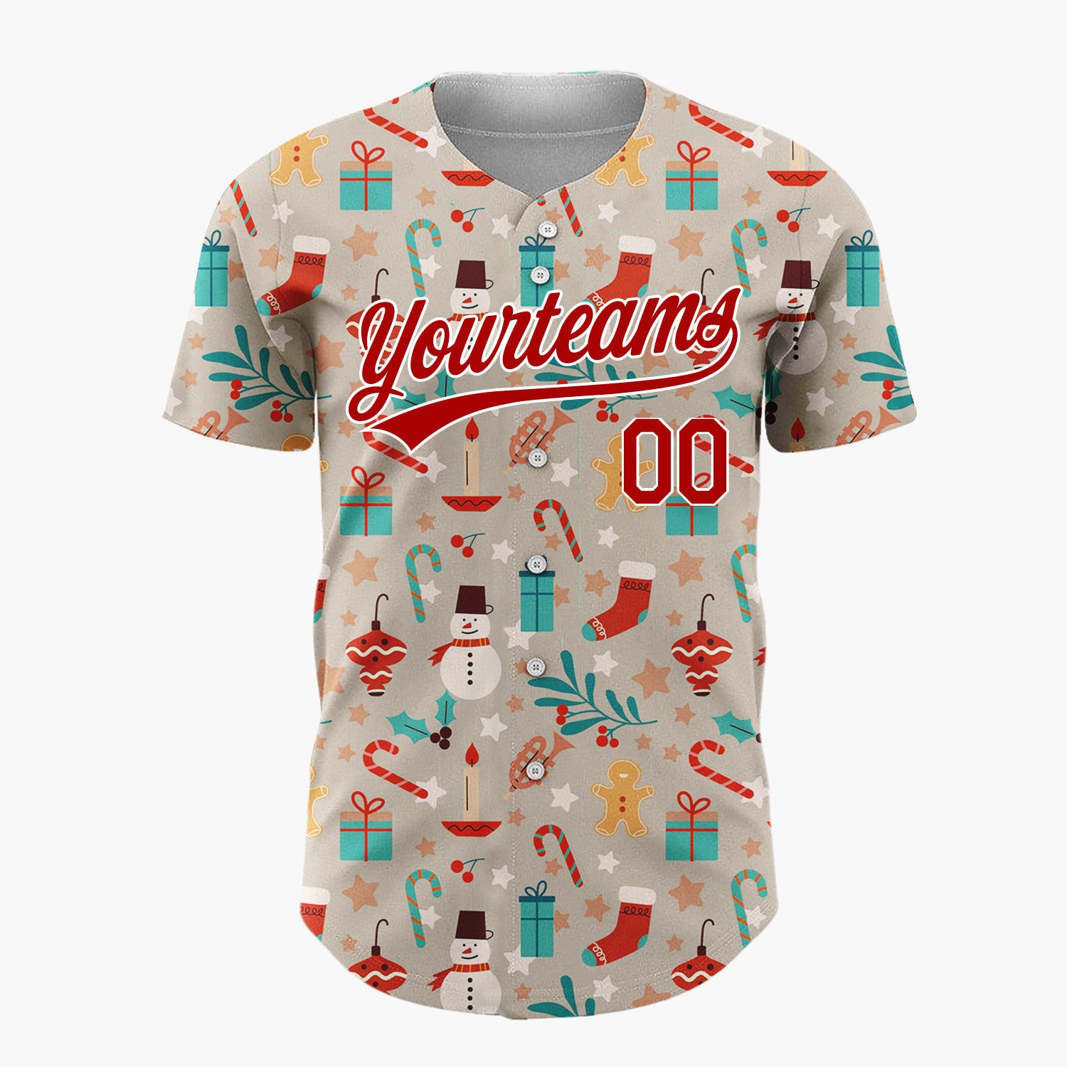 Custom Taupe Red Blue Gingerbread Men Snowmen And Holly Traditional Holiday Pattern Christmas Baseball Jersey