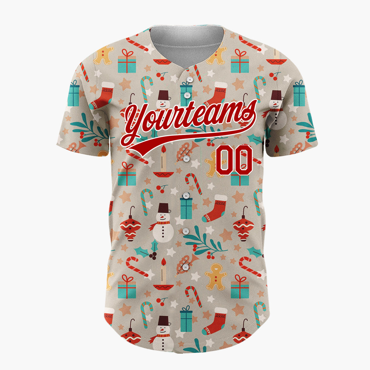 Custom Taupe Red Blue Gingerbread Men Snowmen And Holly Traditional Holiday Pattern Christmas Baseball Jersey
