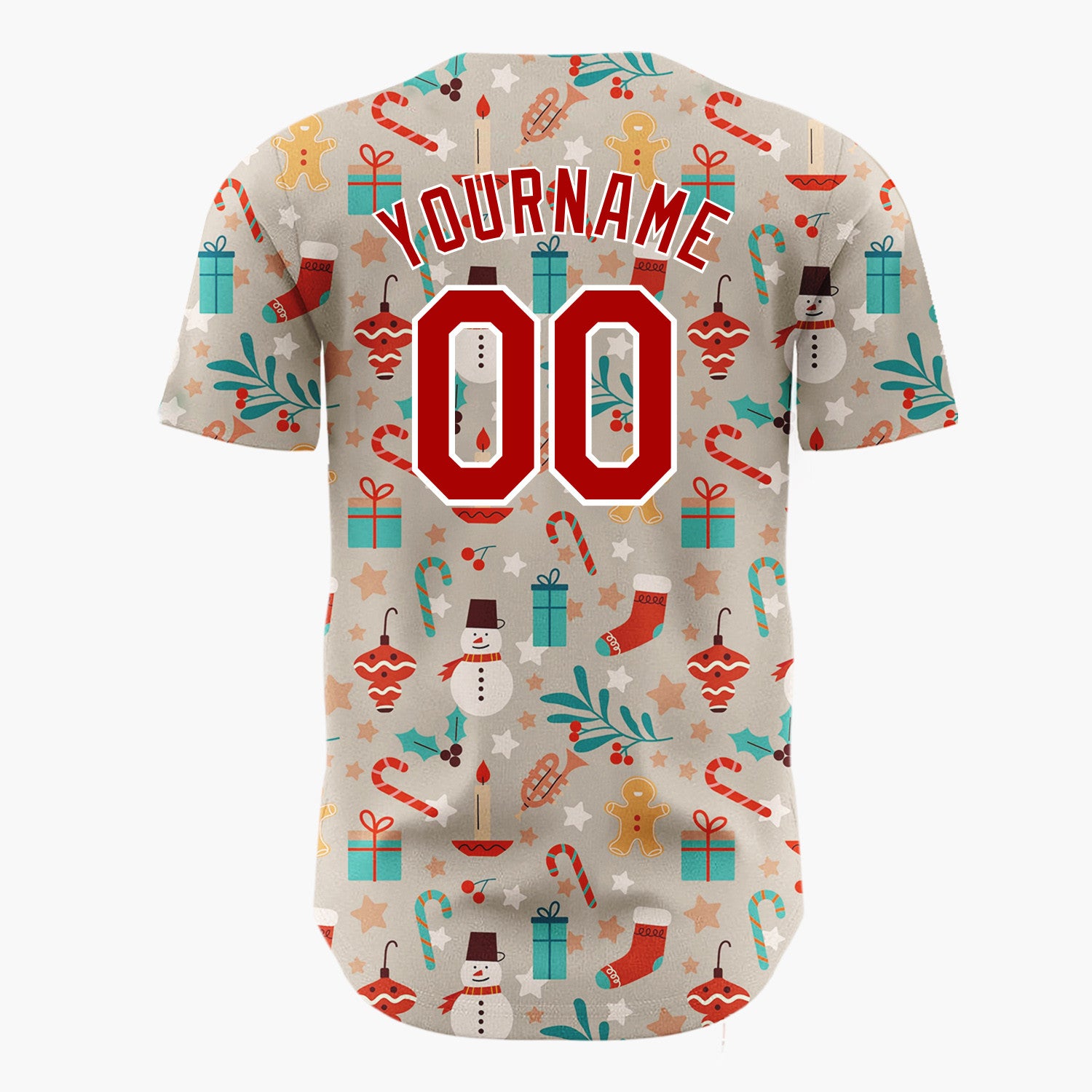 Custom Taupe Red Blue Gingerbread Men Snowmen And Holly Traditional Holiday Pattern Christmas Baseball Jersey
