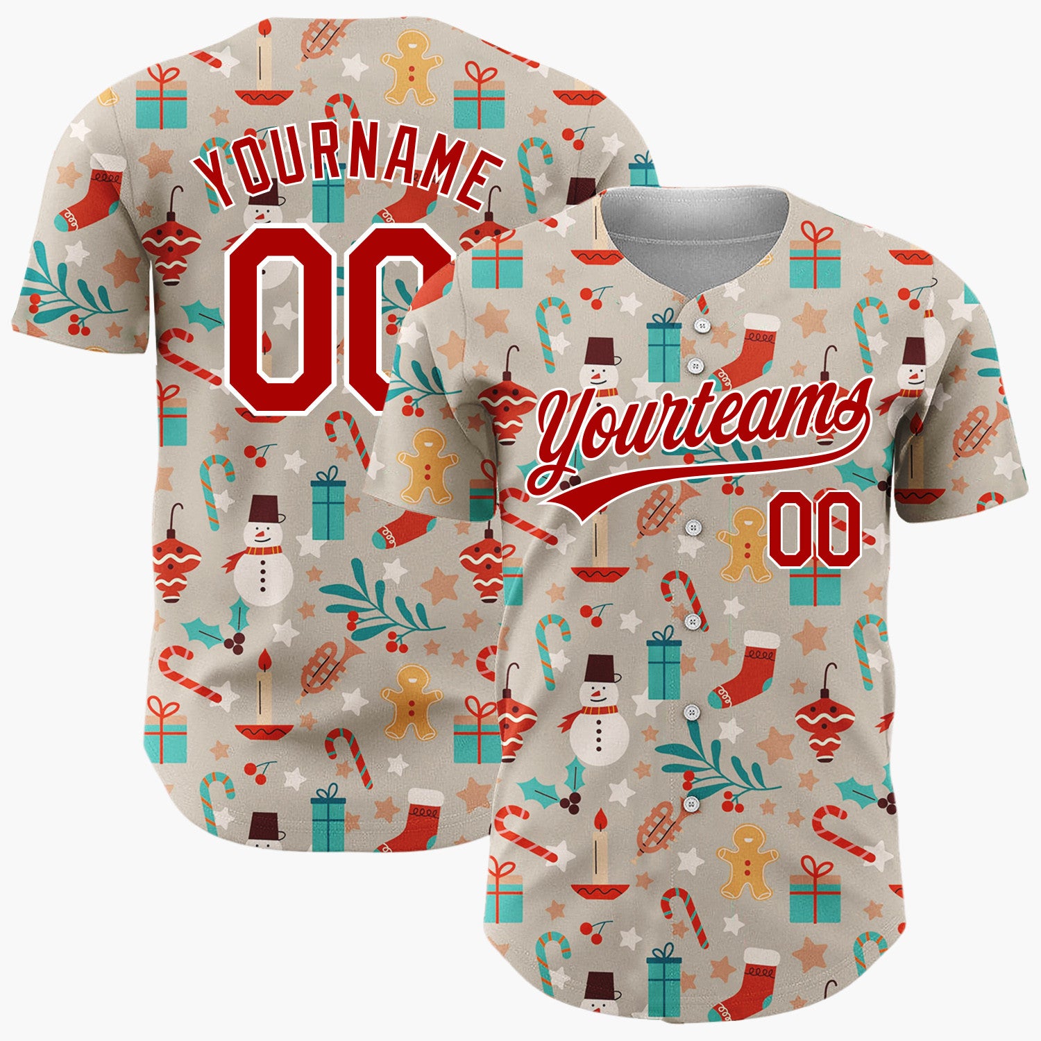 Custom Taupe Red Blue Gingerbread Men Snowmen And Holly Traditional Holiday Pattern Christmas Baseball Jersey