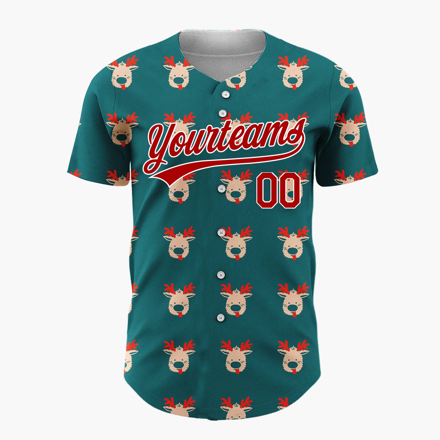 Custom Teal Cute Reindeer Head Repeating Cartoon Pattern Christmas Baseball Jersey