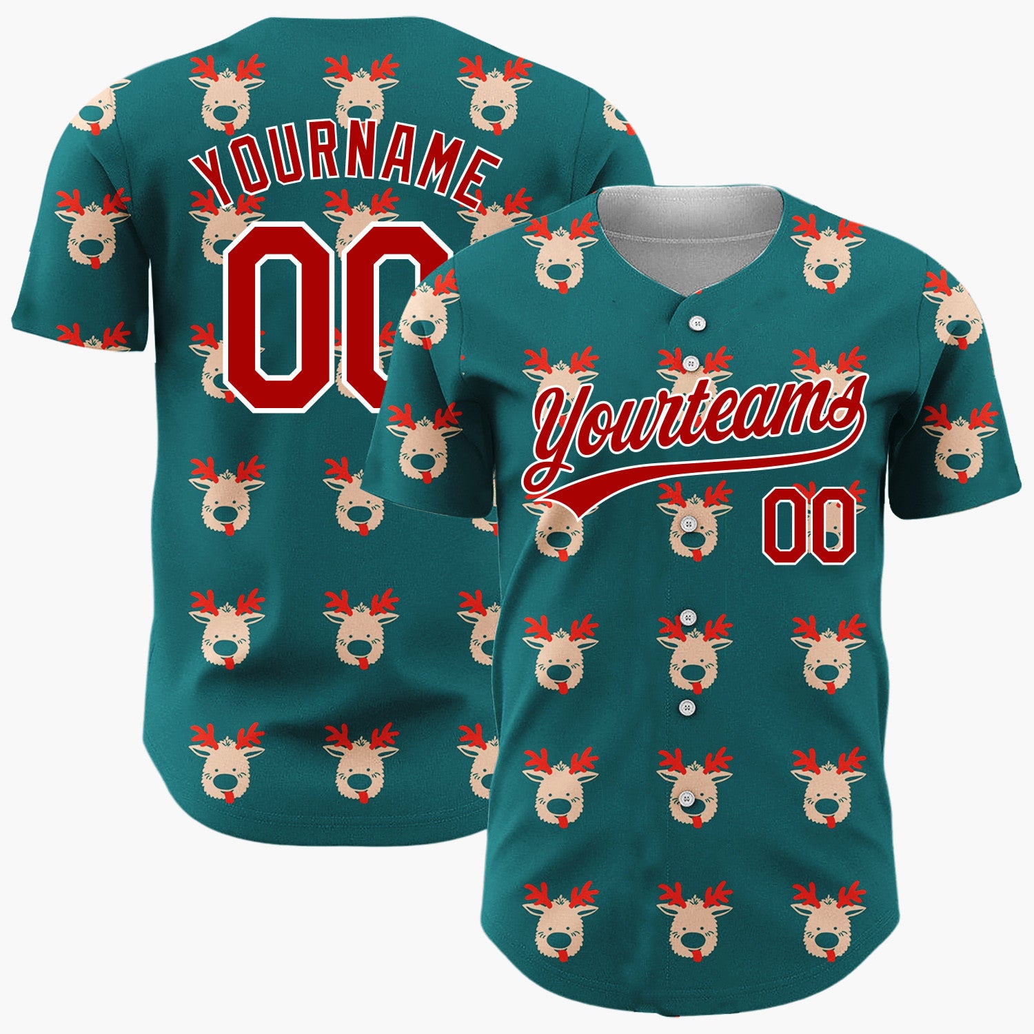 Custom Teal Cute Reindeer Head Repeating Cartoon Pattern Christmas Baseball Jersey
