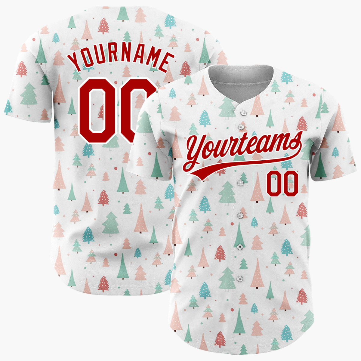 Custom White Green Pink Christmas Trees Minimal Winter Pattern Christmas Baseball Jersey