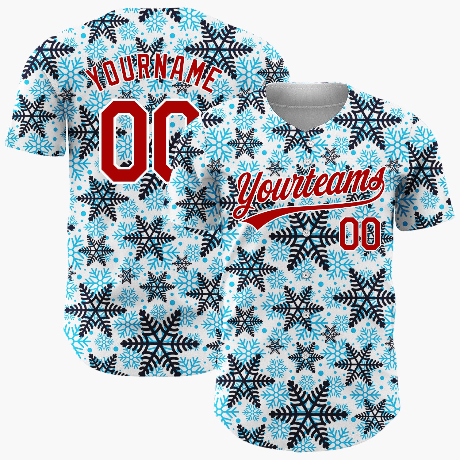 Custom White Layered Blue Snowflakes Repeat Pattern Christmas Baseball Jersey