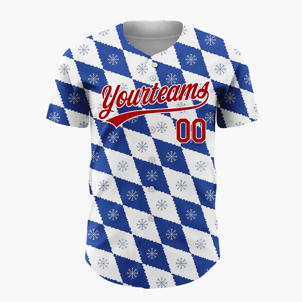 Custom White Blue Snowflake Argyle Geometric Pattern Christmas Baseball Jersey