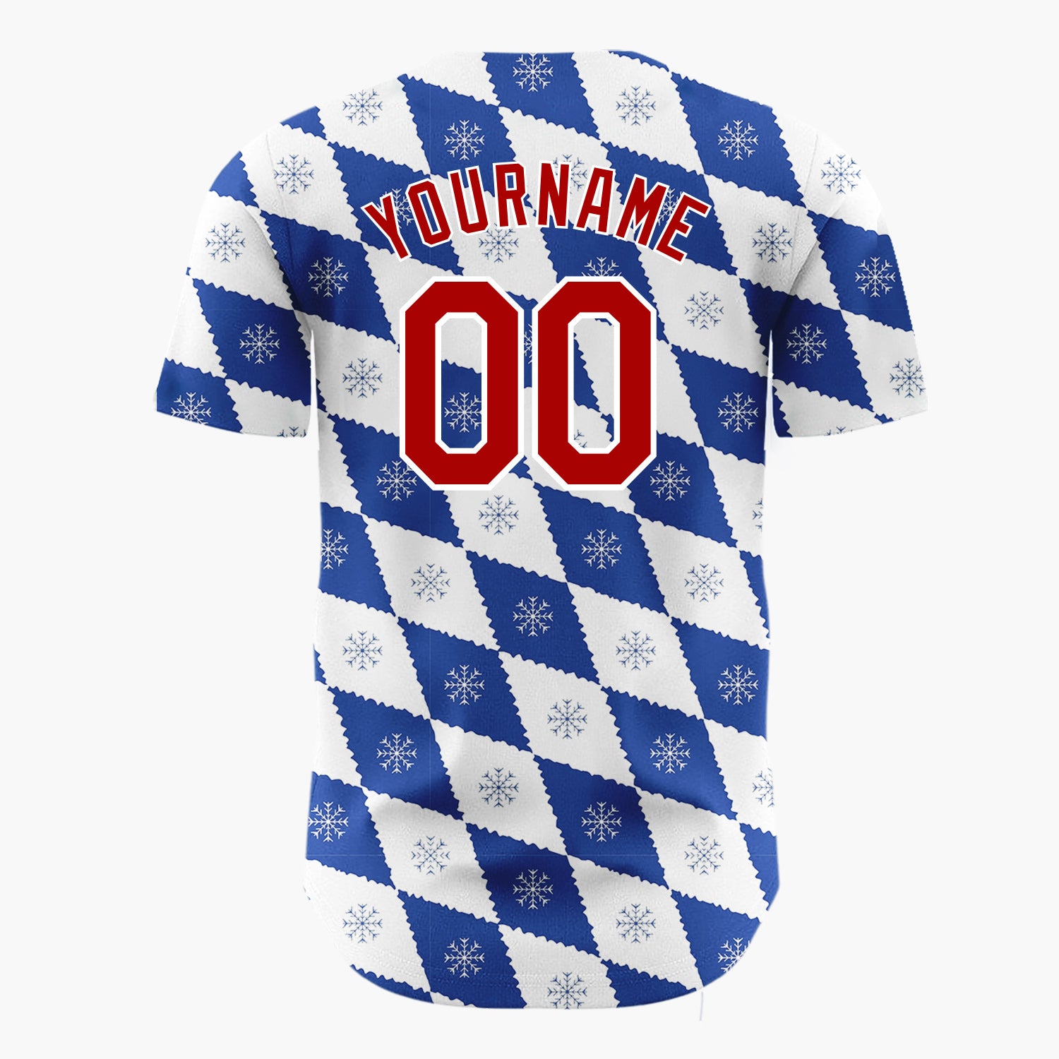 Custom White Blue Snowflake Argyle Geometric Pattern Christmas Baseball Jersey