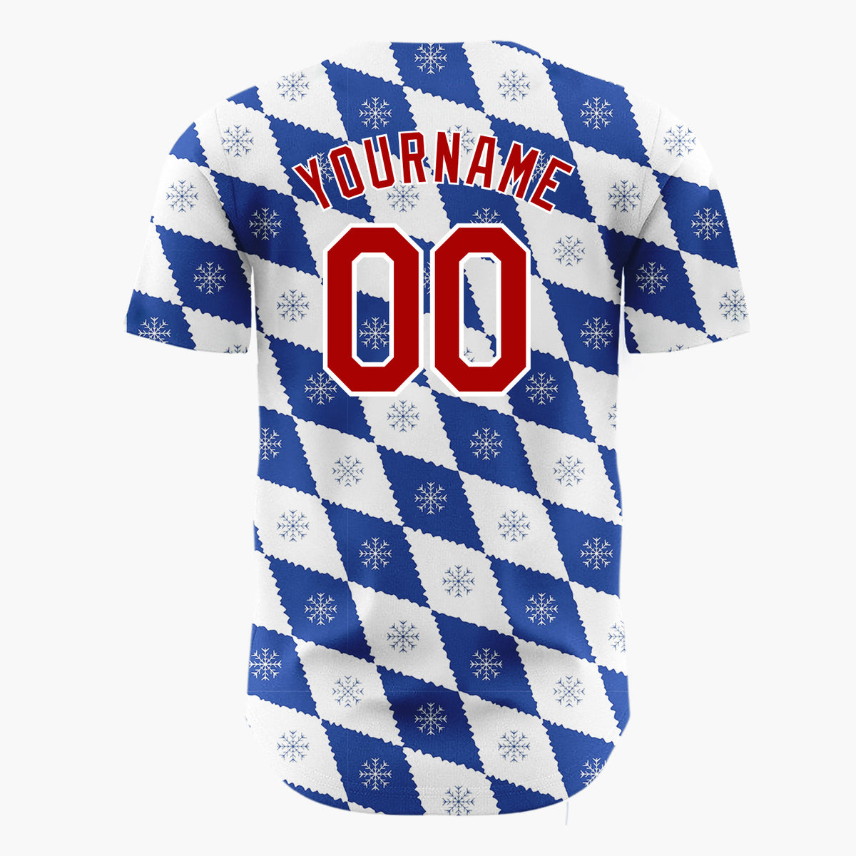 Custom White Blue Snowflake Argyle Geometric Pattern Christmas Baseball Jersey