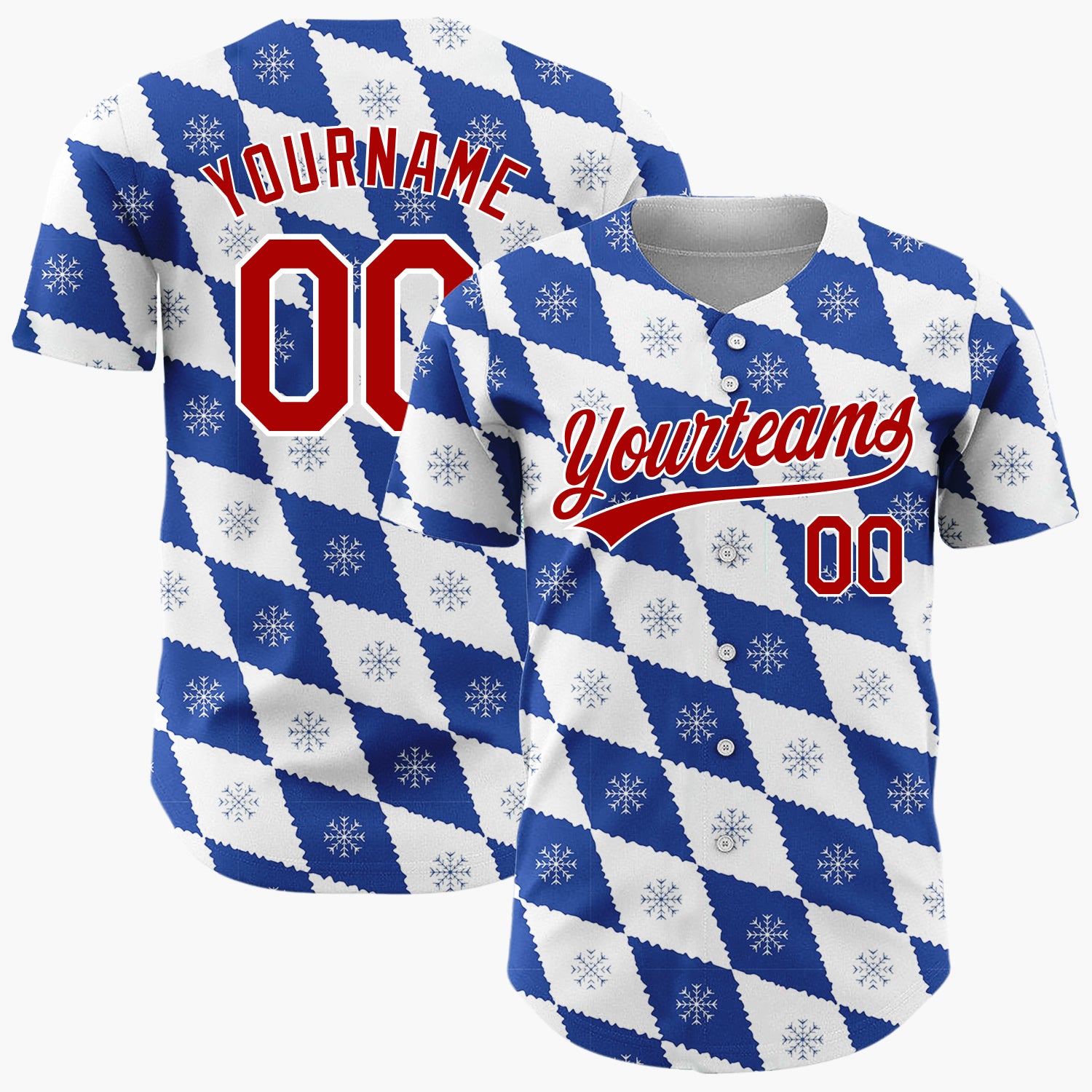 Custom White Blue Snowflake Argyle Geometric Pattern Christmas Baseball Jersey