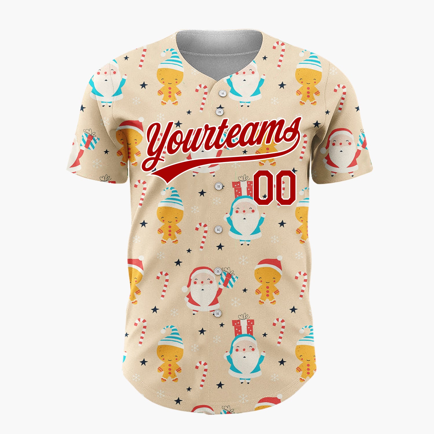 Custom Tan Red Santa Gingerbread Man Candy Cane Christmas Baseball Jersey