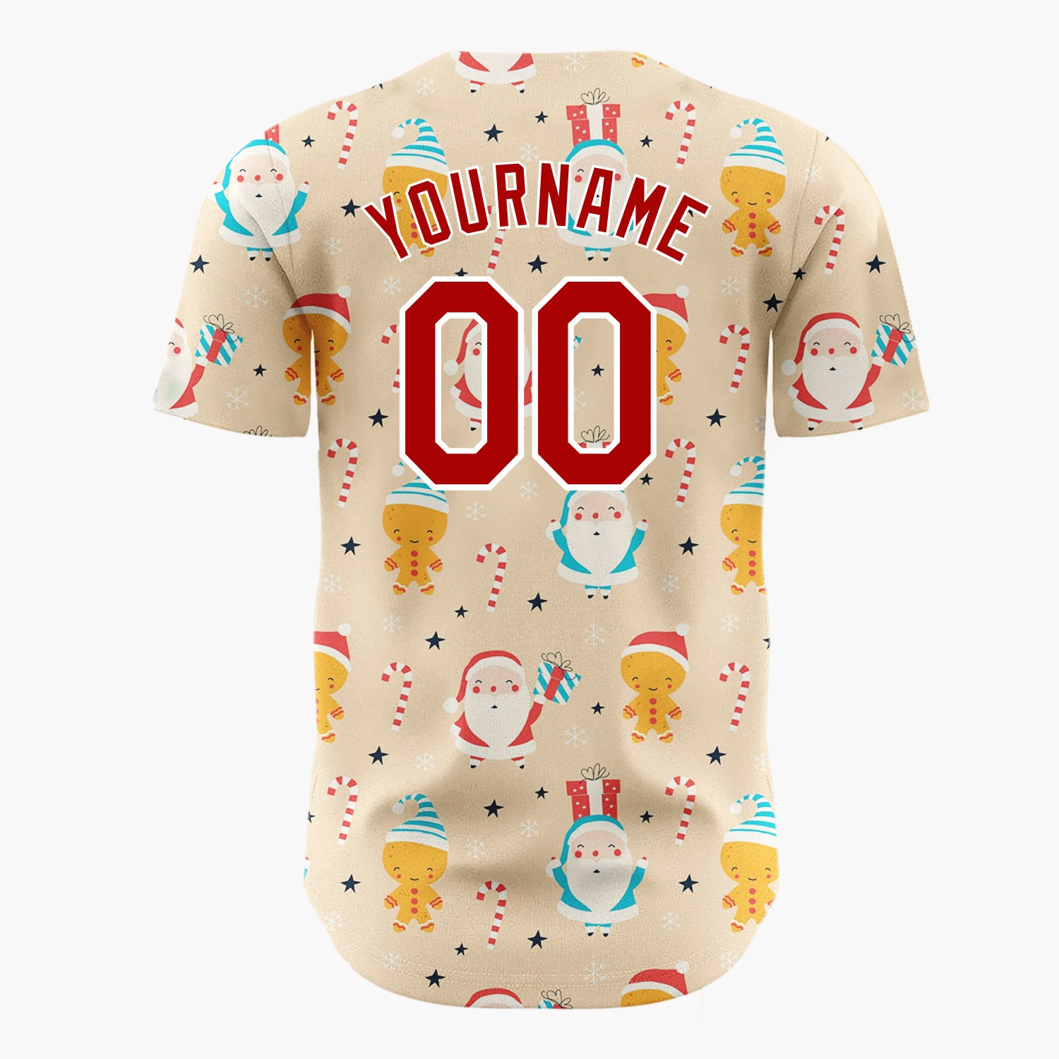 Custom Tan Red Santa Gingerbread Man Candy Cane Christmas Baseball Jersey