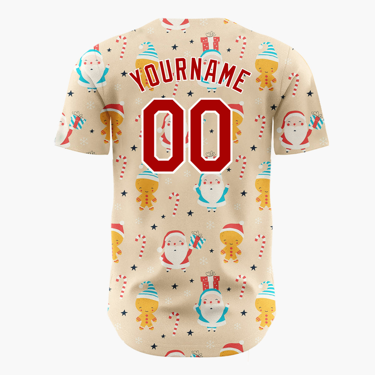 Custom Tan Red Santa Gingerbread Man Candy Cane Christmas Baseball Jersey