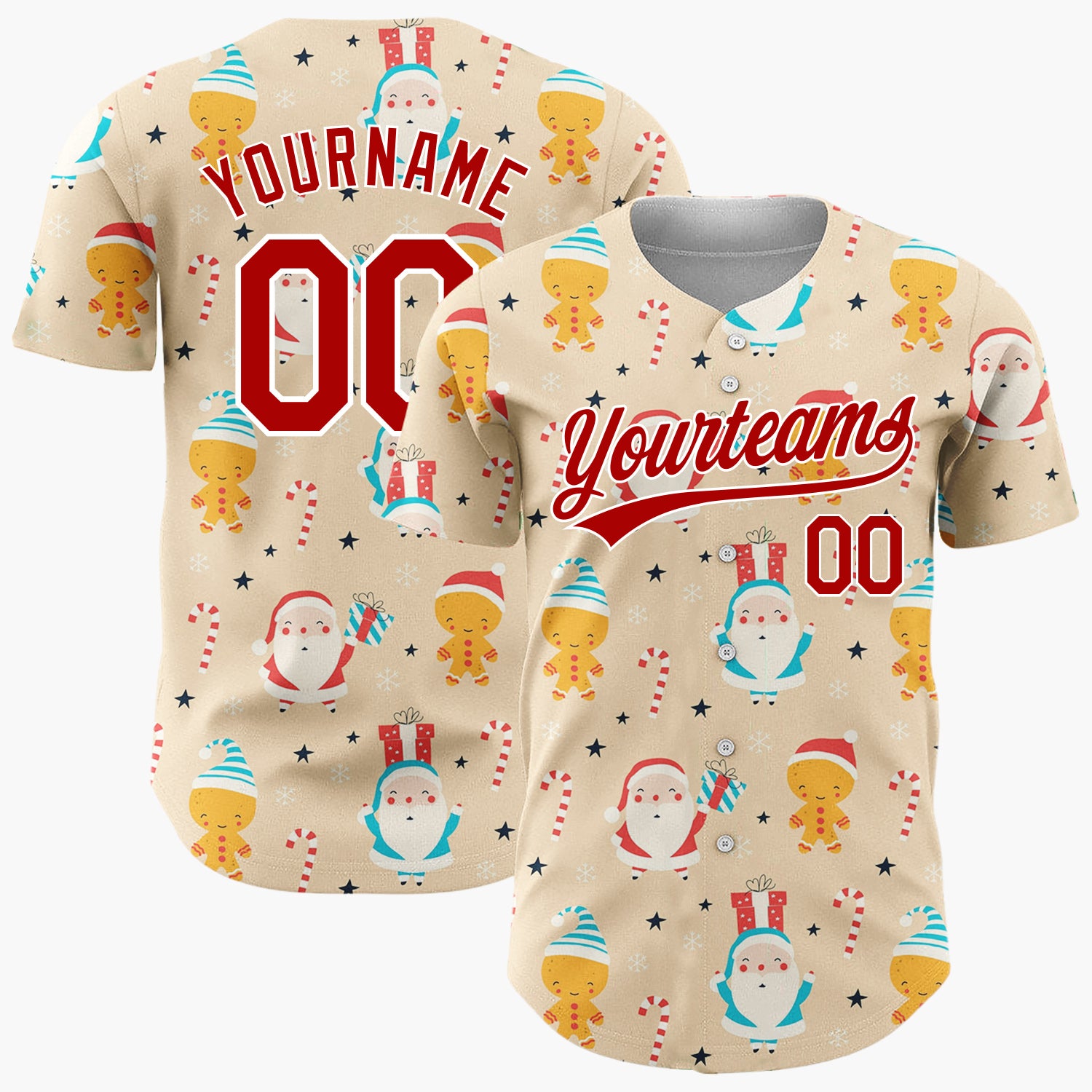 Custom Tan Red Santa Gingerbread Man Candy Cane Christmas Baseball Jersey