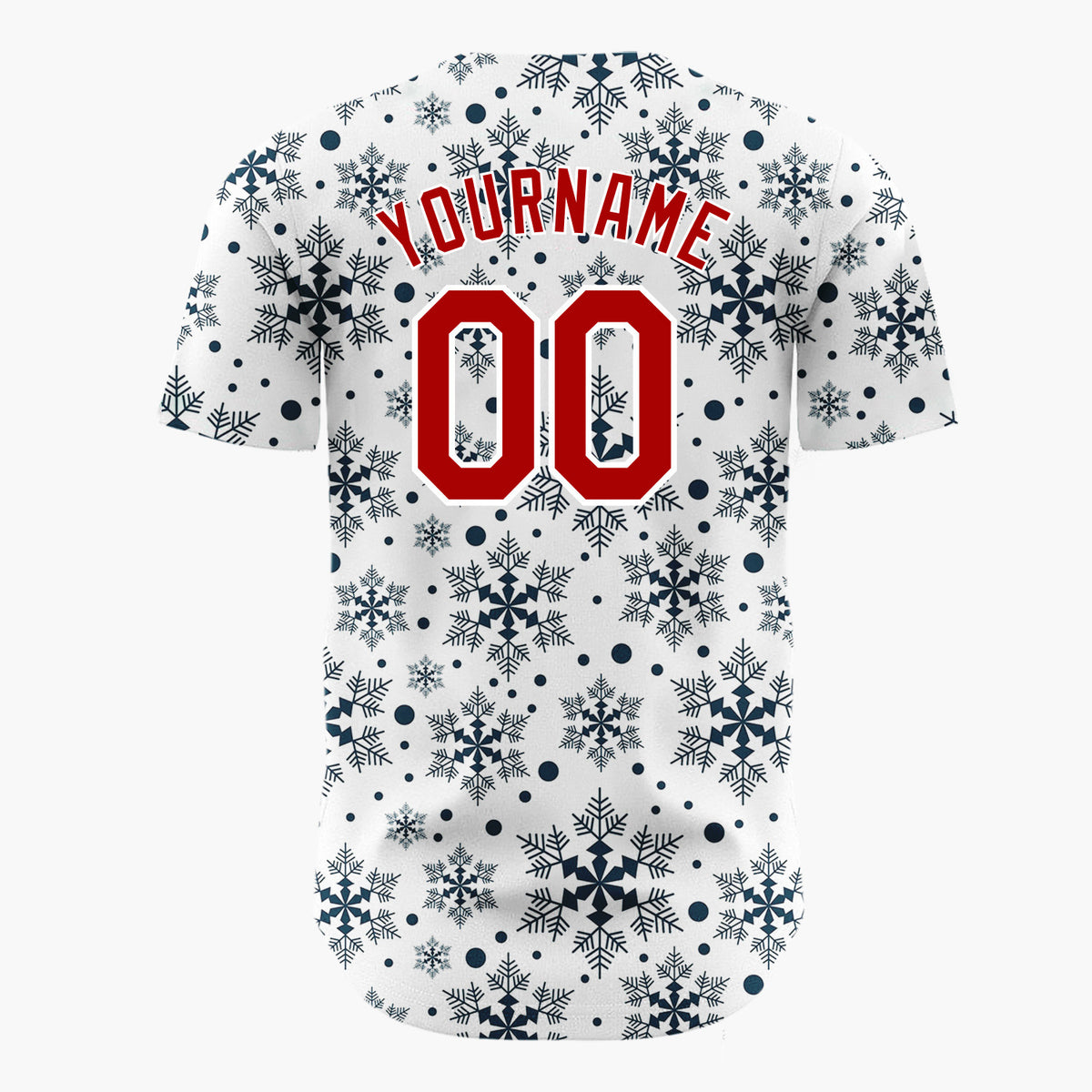 Custom White Dark Blue Snowflakes Repeat Geometric Pattern Christmas Baseball Jersey