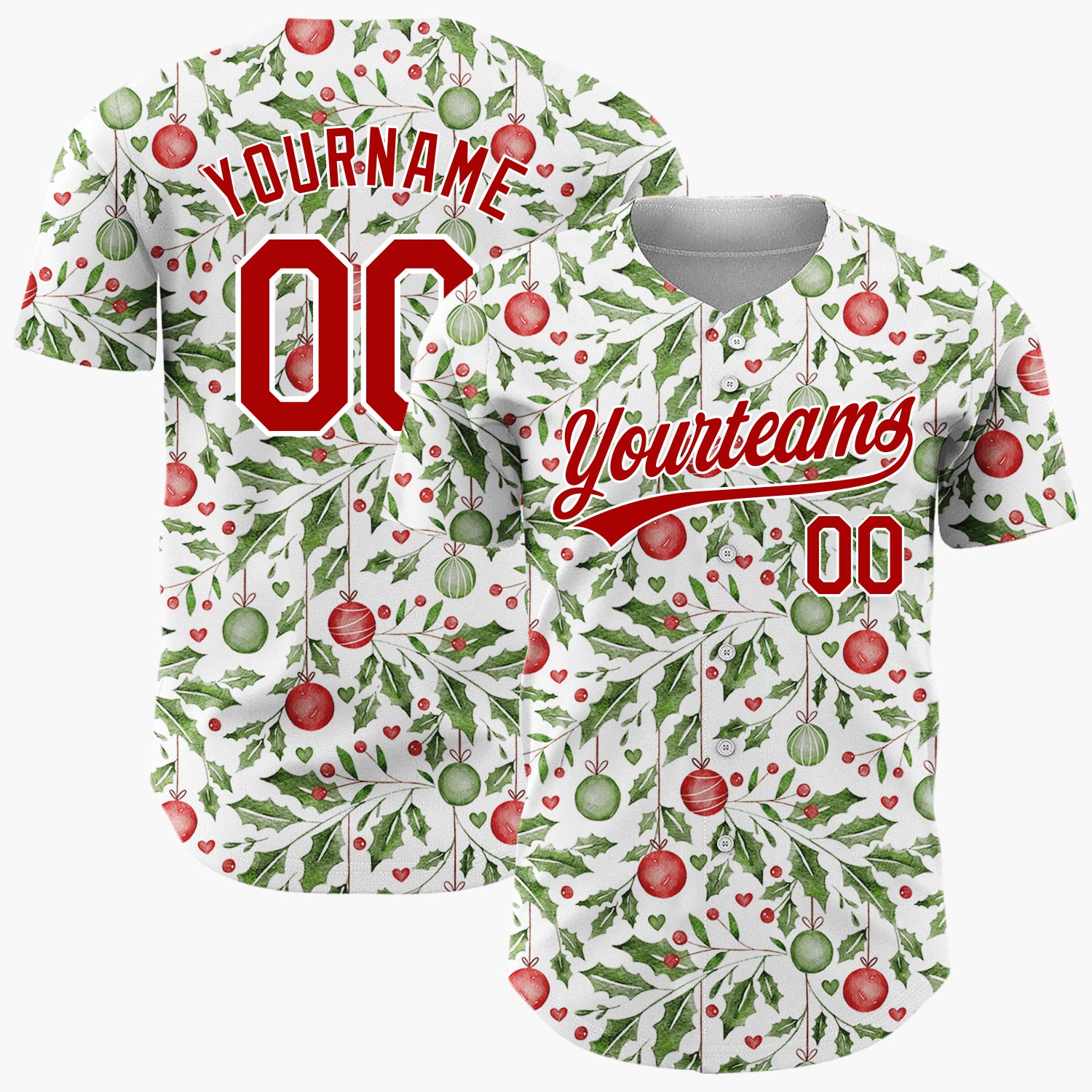 Custom White Holly Leaves And Ornaments Watercolor Christmas Baseball Jersey