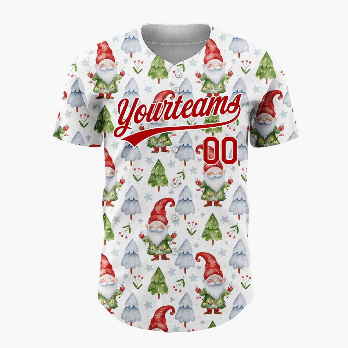 Custom White Gnomes And Christmas Trees Watercolor Christmas Baseball Jersey