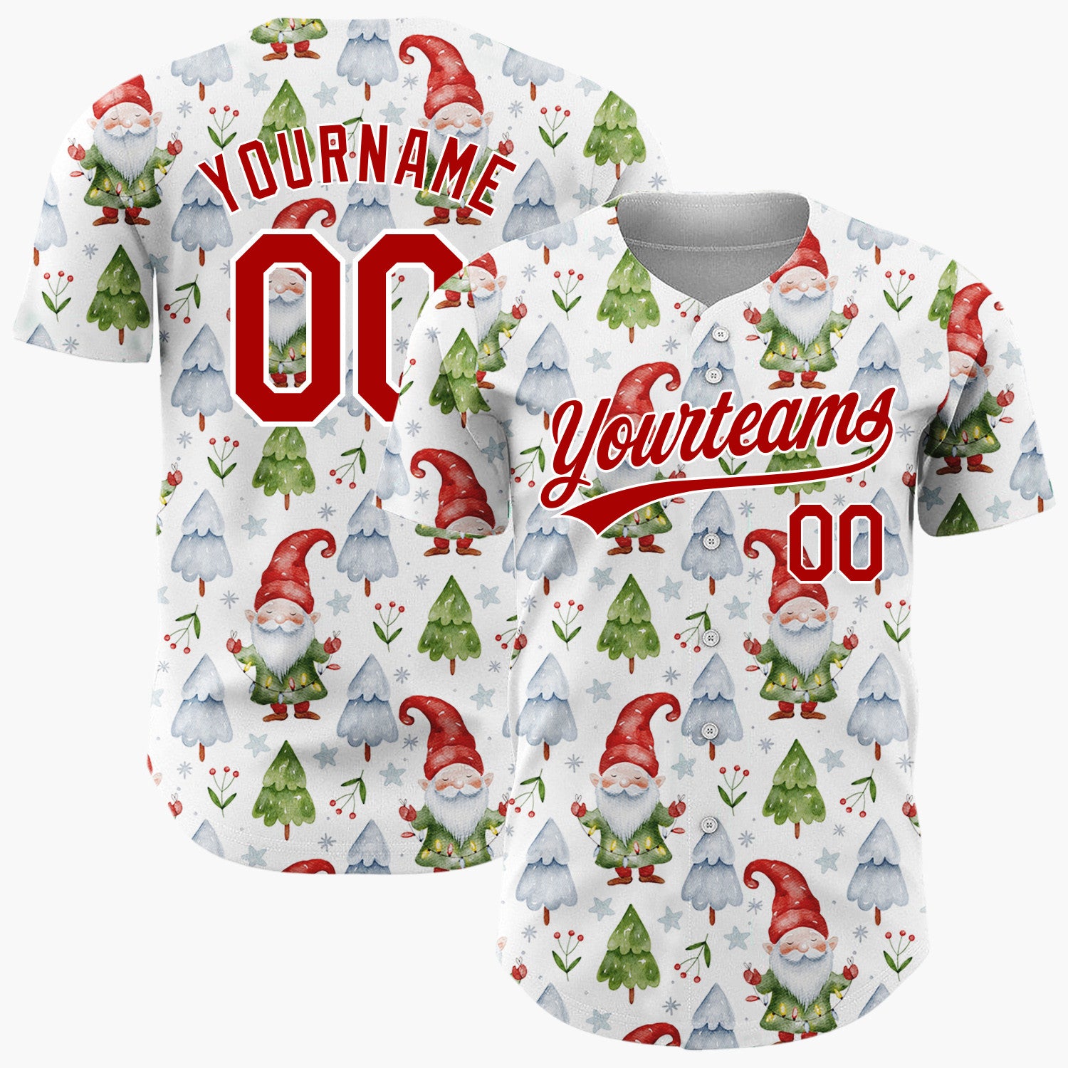 Custom White Gnomes And Christmas Trees Watercolor Christmas Baseball Jersey