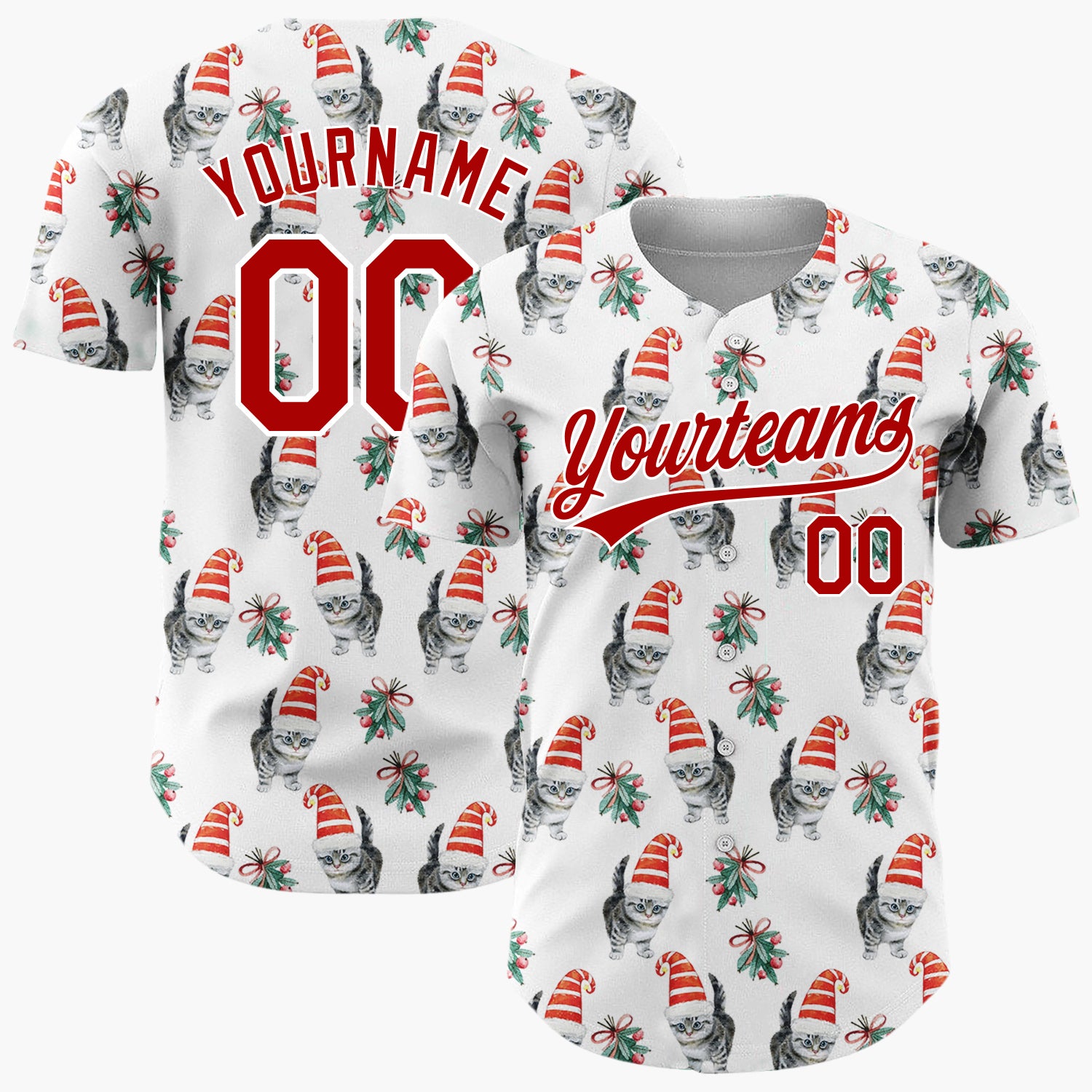 Custom White Kitten In Santa Hat Watercolor Christmas Baseball Jersey