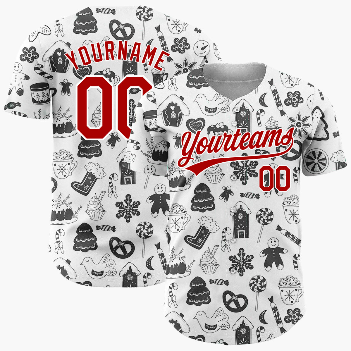 Custom White Black Holiday Treats Icons Doodle Pattern Christmas Baseball Jersey