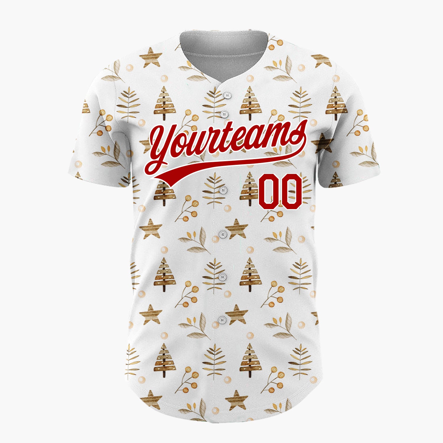 Custom White Brown Watercolor Trees Stars Naturalist Winter Pattern Christmas Baseball Jersey