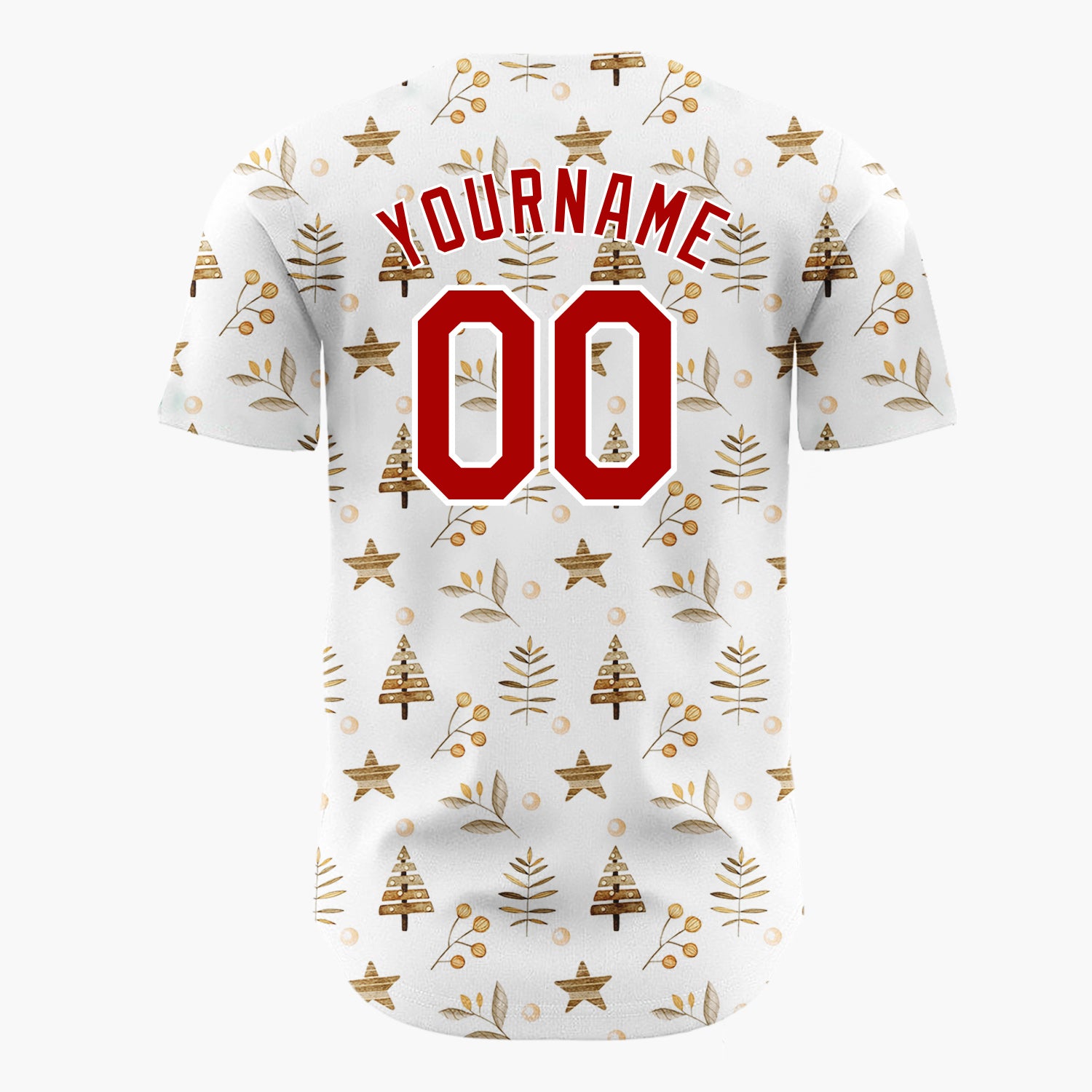 Custom White Brown Watercolor Trees Stars Naturalist Winter Pattern Christmas Baseball Jersey