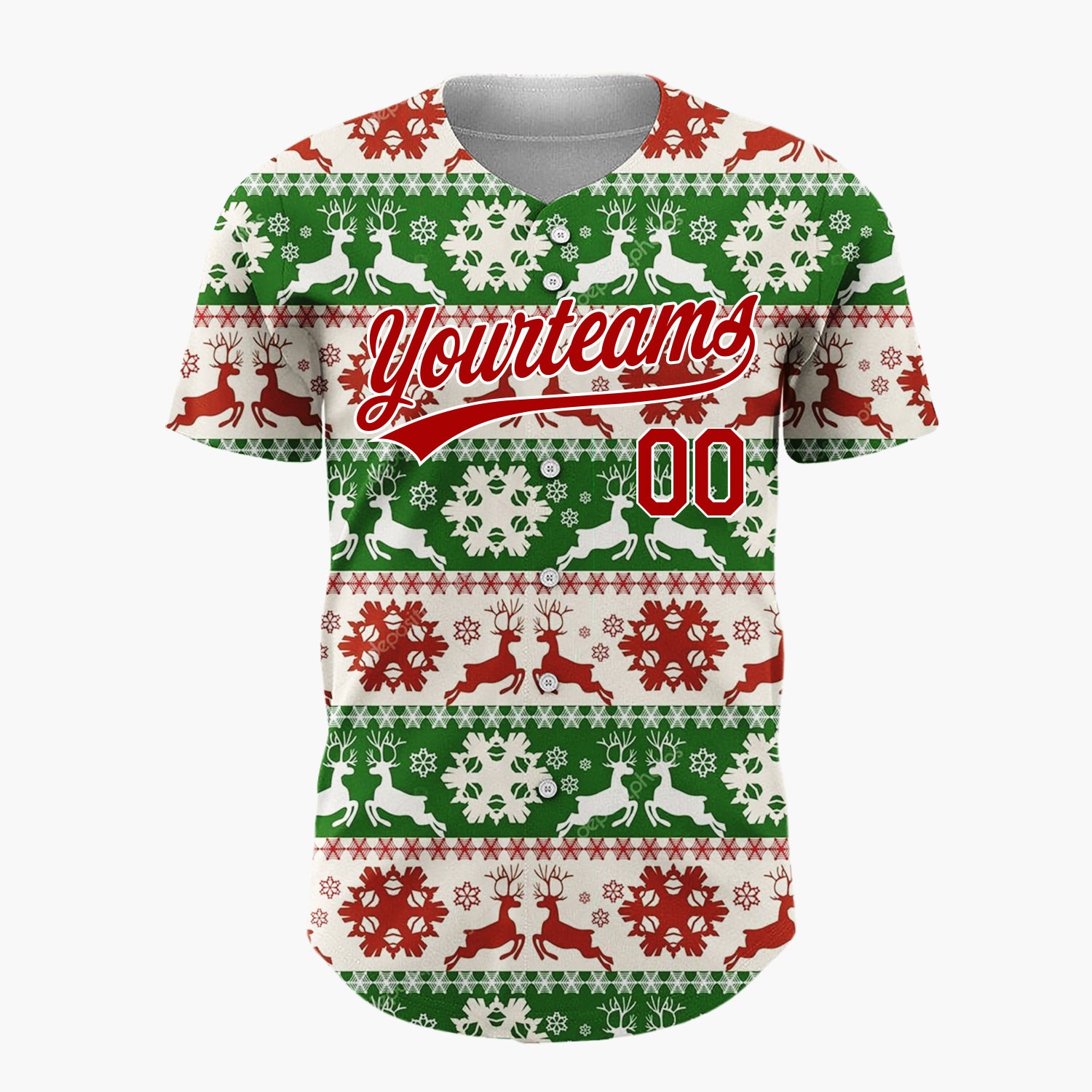 Custom White Nordic Reindeer Green Nordic Pattern Christmas Baseball Jersey