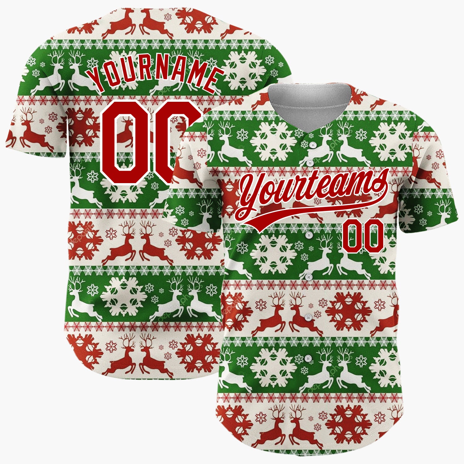 Custom White Nordic Reindeer Green Nordic Pattern Christmas Baseball Jersey