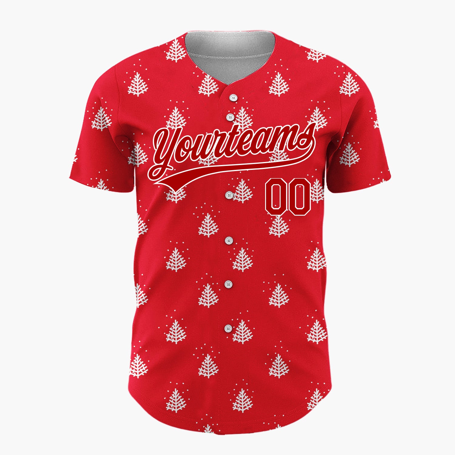 Custom Red White Stylized Pine Trees And Snow Simple Pattern Christmas Baseball Jersey