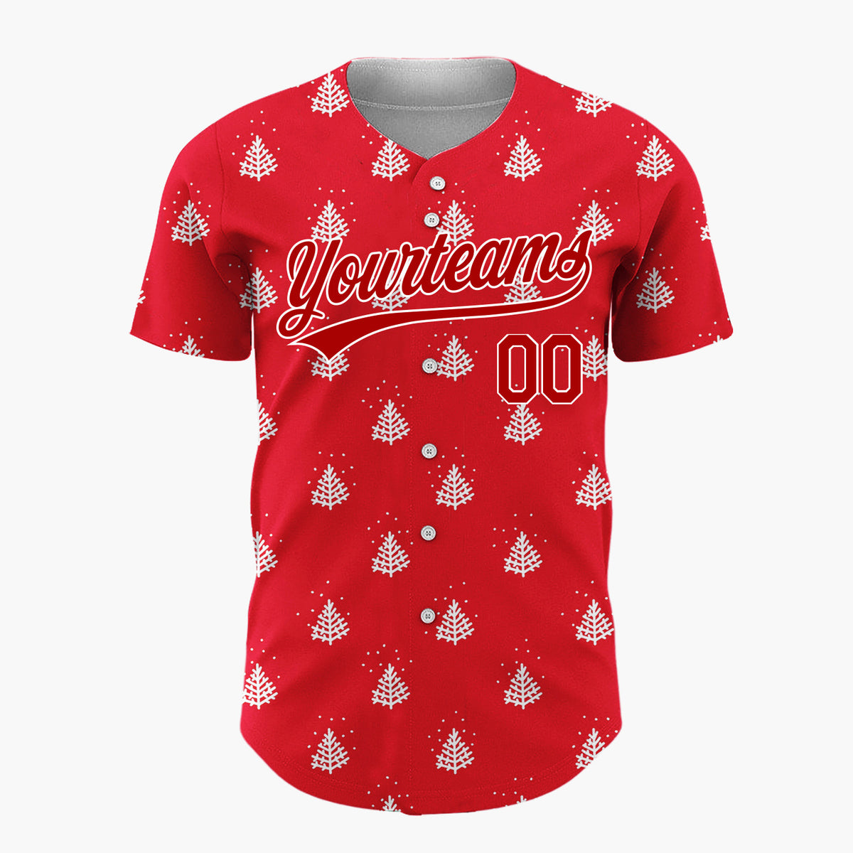 Custom Red White Stylized Pine Trees And Snow Simple Pattern Christmas Baseball Jersey