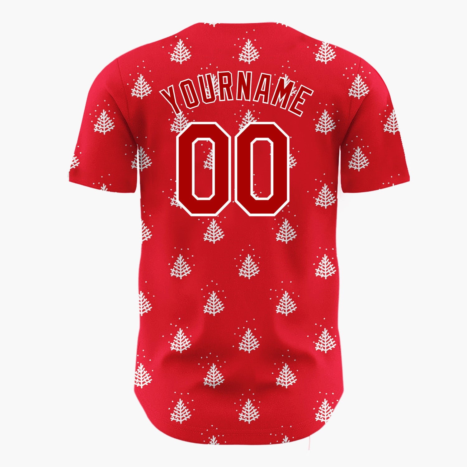 Custom Red White Stylized Pine Trees And Snow Simple Pattern Christmas Baseball Jersey