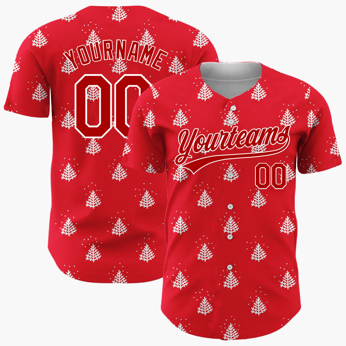 Custom Red White Stylized Pine Trees And Snow Simple Pattern Christmas Baseball Jersey
