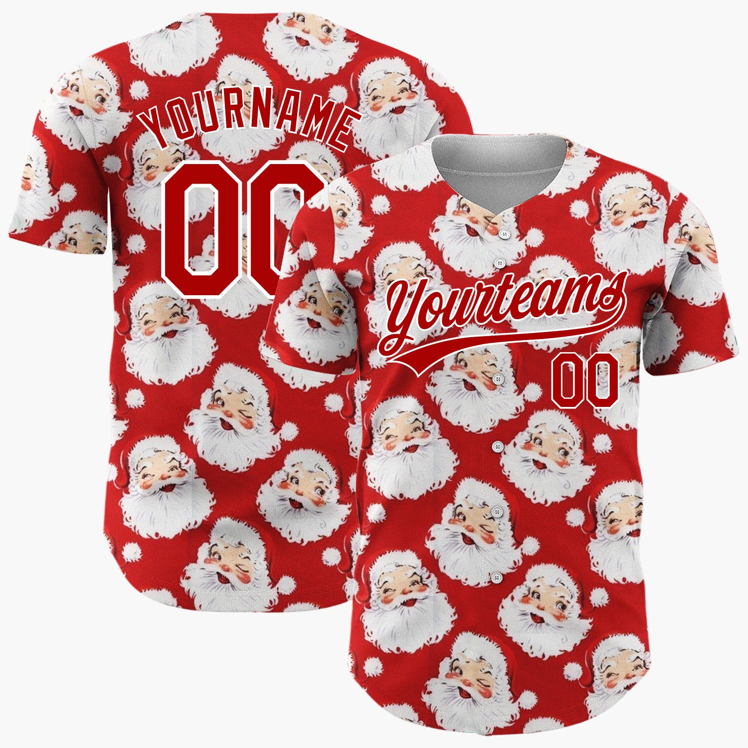 Custom Red Winking Santa Faces Whimsical Christmas Baseball Jersey