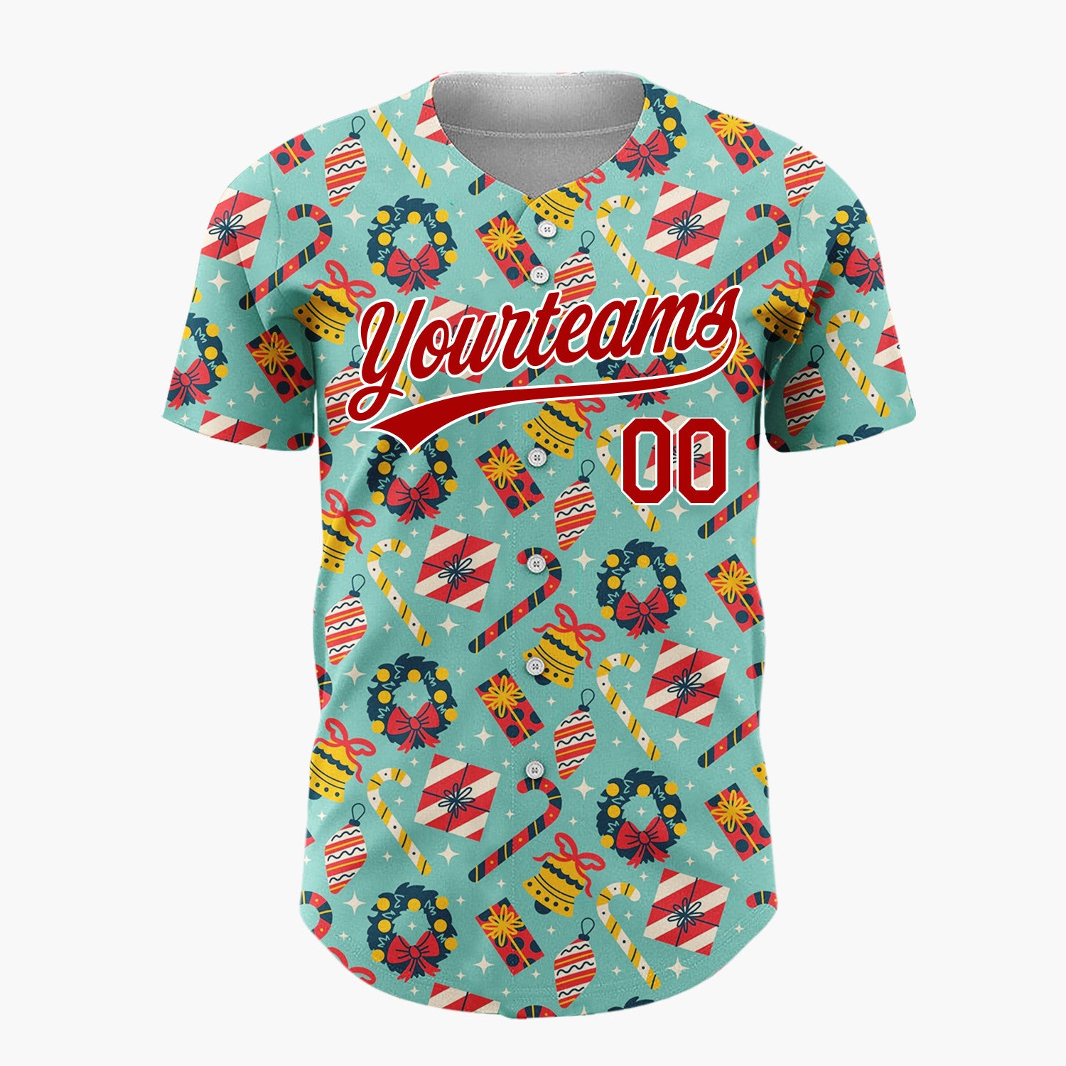 Custom Teal Red Yellow Wreaths Candy Canes And Bells Christmas Flat Pattern Christmas Baseball Jersey