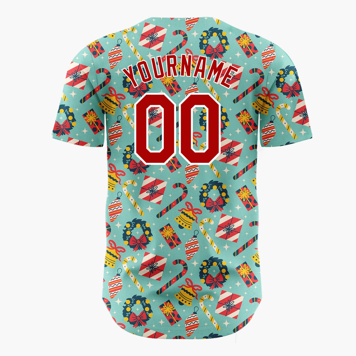 Custom Teal Red Yellow Wreaths Candy Canes And Bells Christmas Flat Pattern Christmas Baseball Jersey