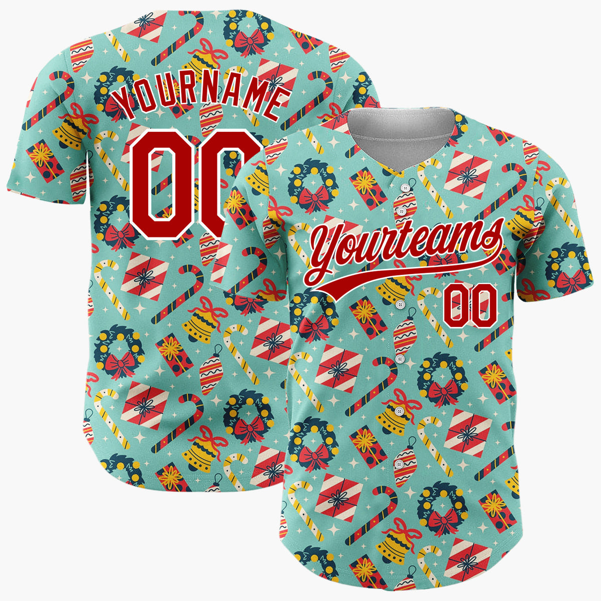 Custom Teal Red Yellow Wreaths Candy Canes And Bells Christmas Flat Pattern Christmas Baseball Jersey