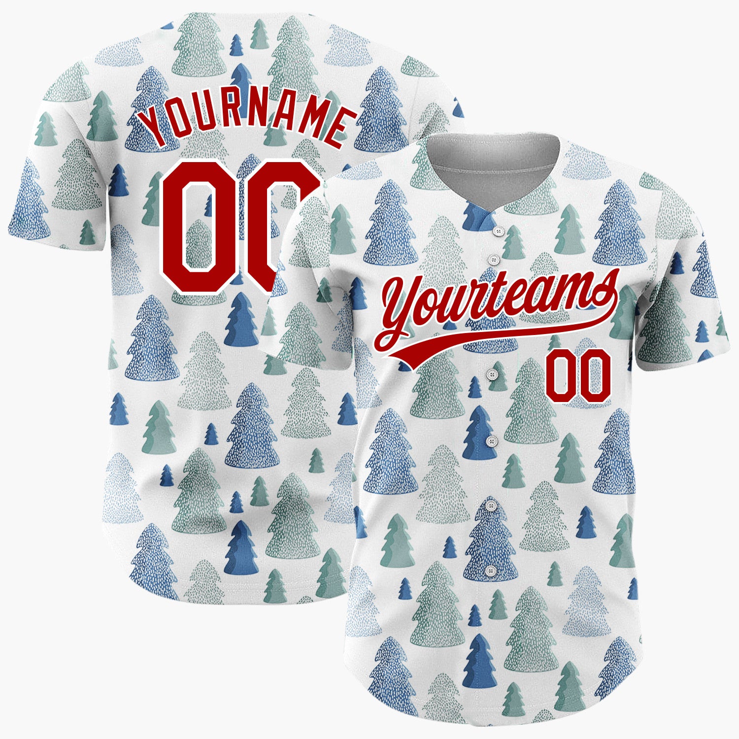Custom White Blue Teal Textured Christmas Trees Winter Pattern Christmas Baseball Jersey