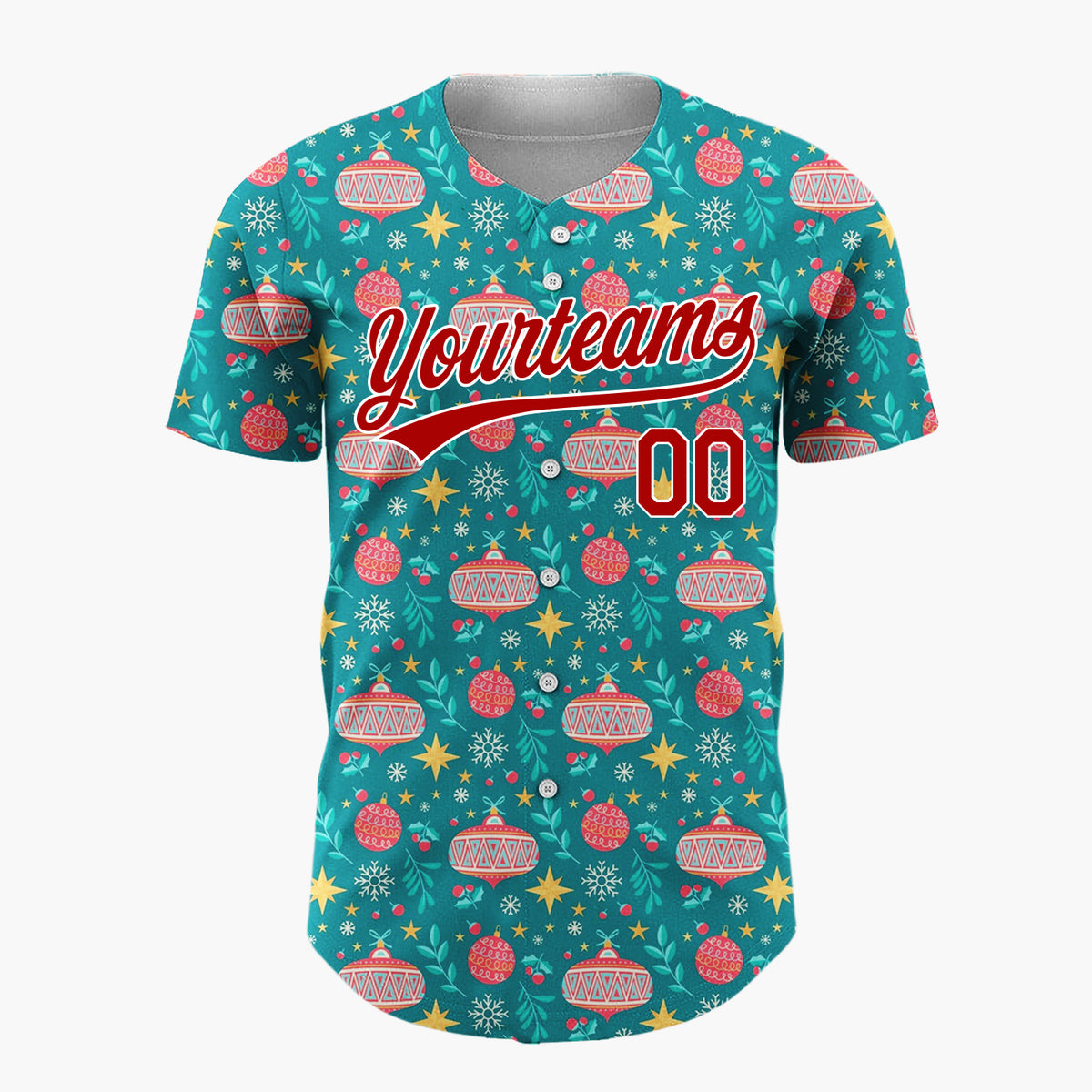 Custom Teal Red Yellow Ornaments And Stars Christmas Baseball Jersey