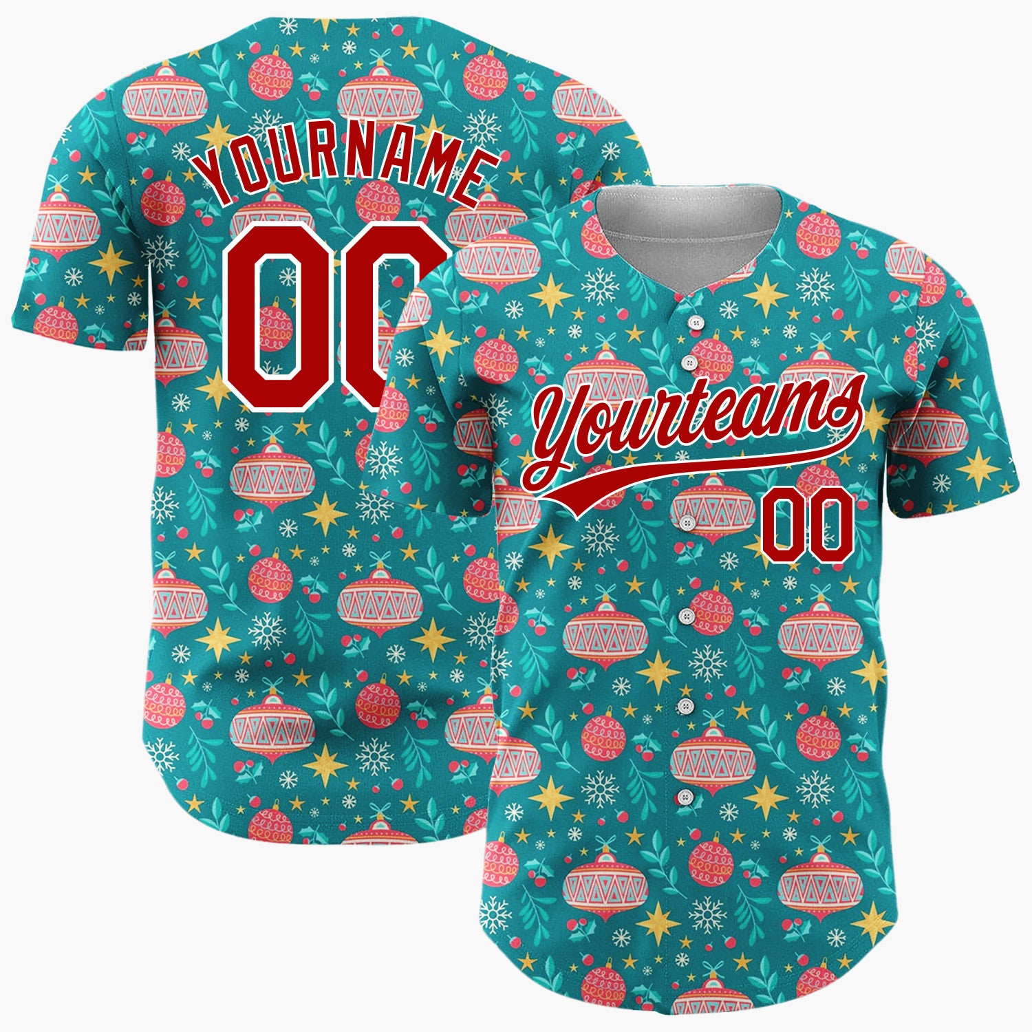 Custom Teal Red Yellow Ornaments And Stars Christmas Baseball Jersey