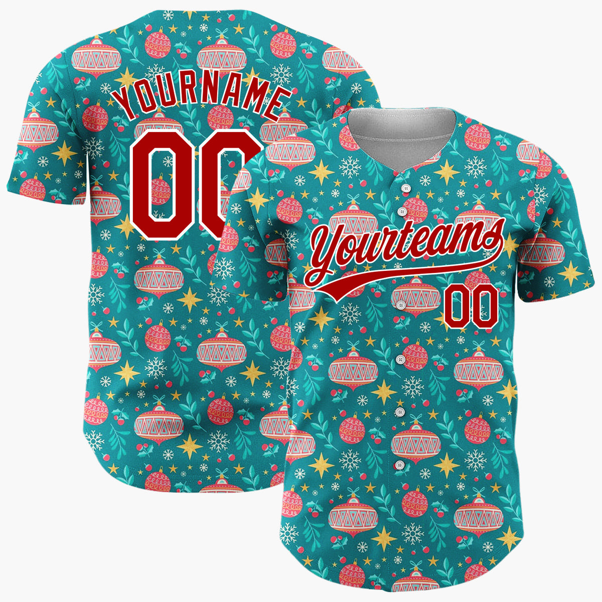 Custom Teal Red Yellow Ornaments And Stars Christmas Baseball Jersey