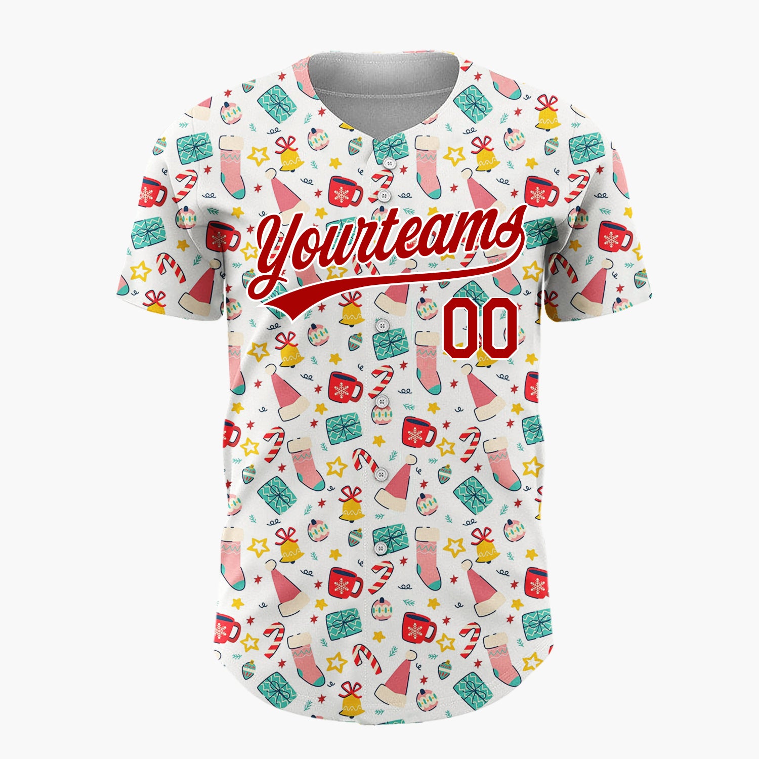 Custom White Christmas Stocking Bell Candy Cane Cartoon Pattern Christmas Baseball Jersey
