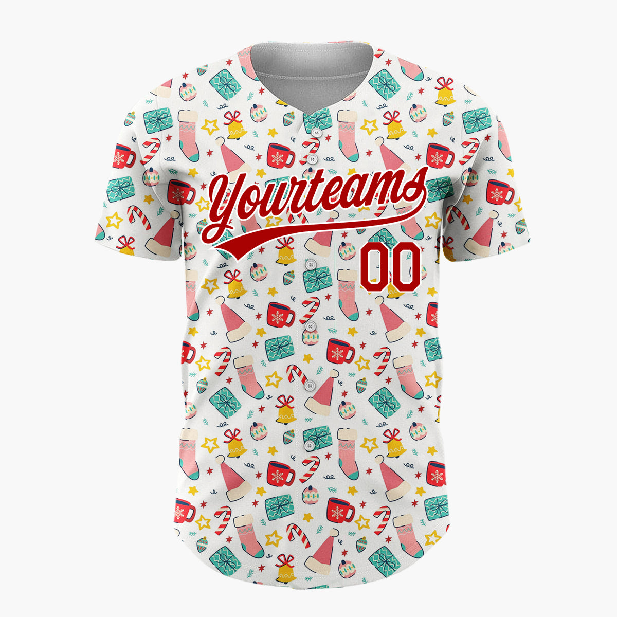 Custom White Christmas Stocking Bell Candy Cane Cartoon Pattern Christmas Baseball Jersey