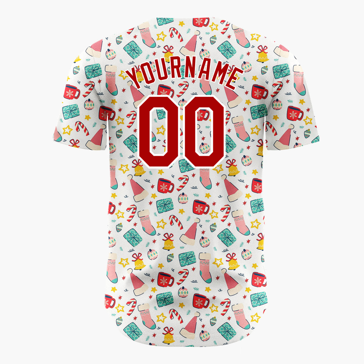 Custom White Christmas Stocking Bell Candy Cane Cartoon Pattern Christmas Baseball Jersey
