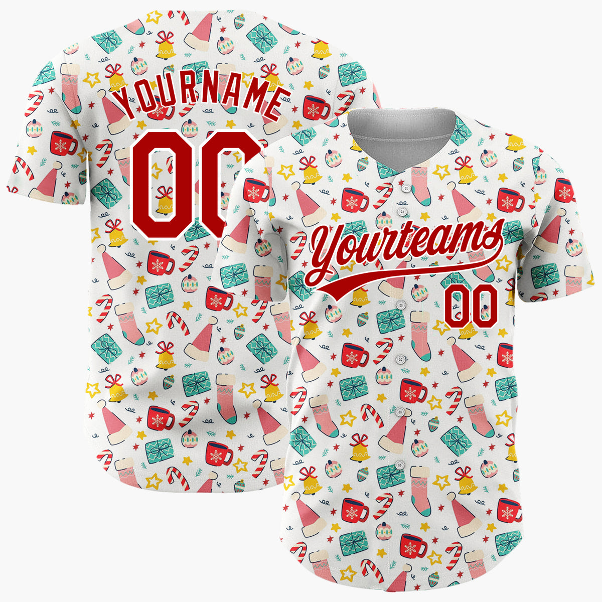 Custom White Christmas Stocking Bell Candy Cane Cartoon Pattern Christmas Baseball Jersey