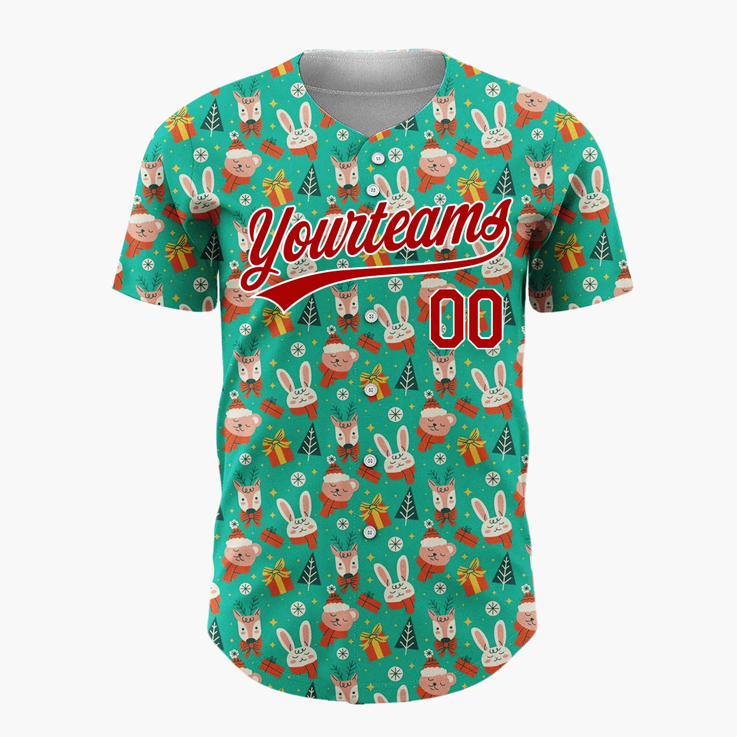 Custom Teal Green Red Bunny Bear Animal Christmas Cartoon Pattern Christmas Baseball Jersey