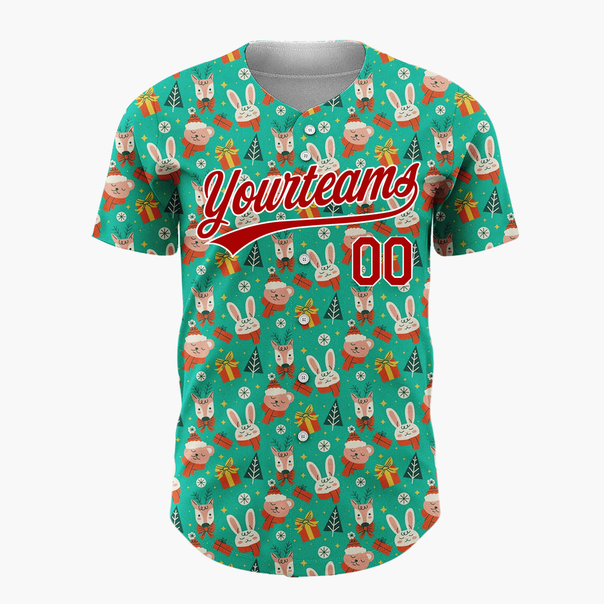 Custom Teal Green Red Bunny Bear Animal Christmas Cartoon Pattern Christmas Baseball Jersey