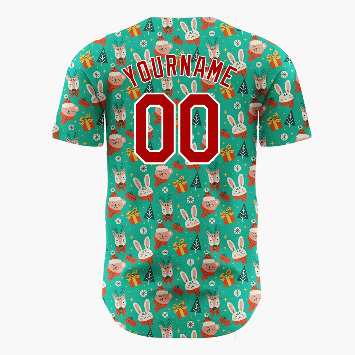 Custom Teal Green Red Bunny Bear Animal Christmas Cartoon Pattern Christmas Baseball Jersey