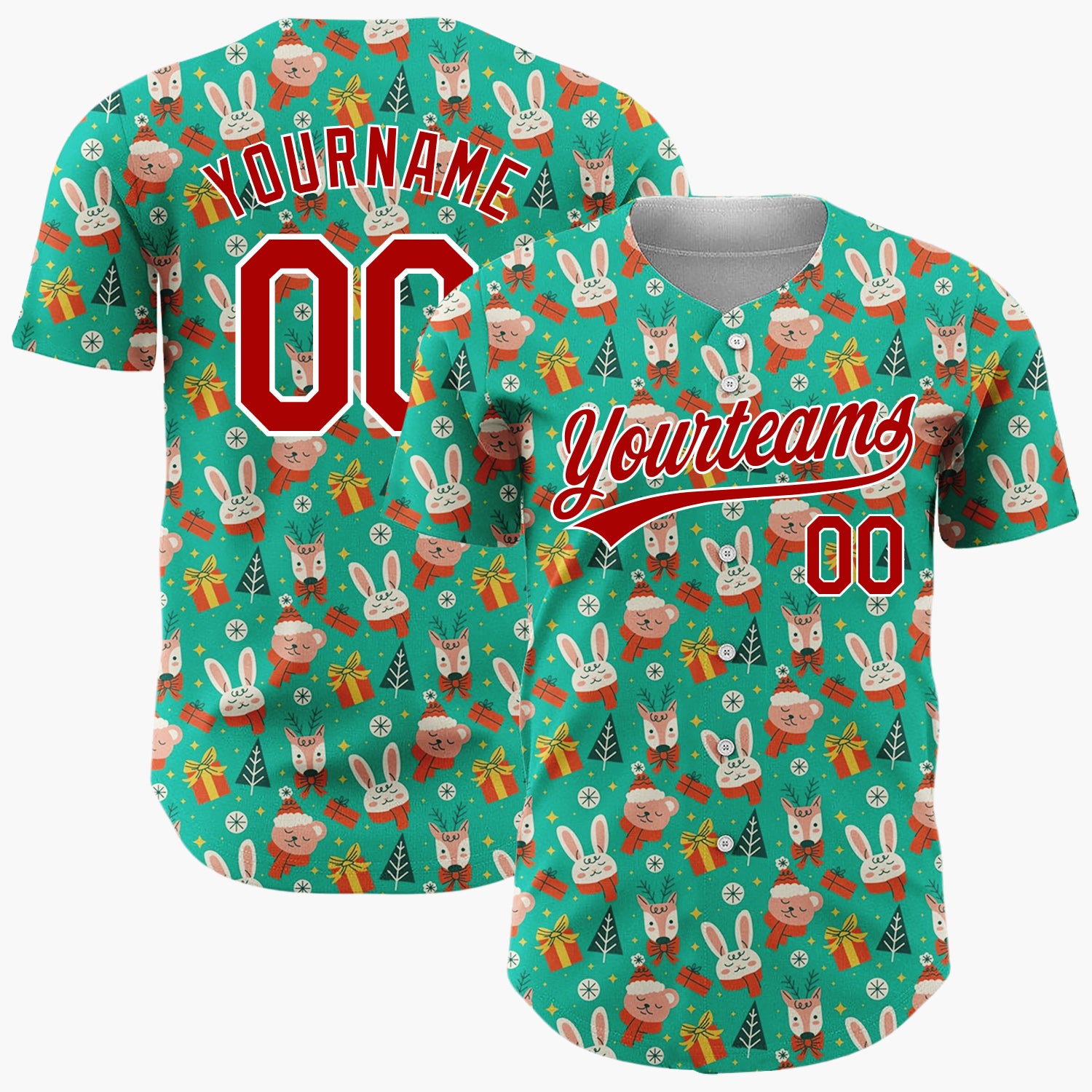 Custom Teal Green Red Bunny Bear Animal Christmas Cartoon Pattern Christmas Baseball Jersey
