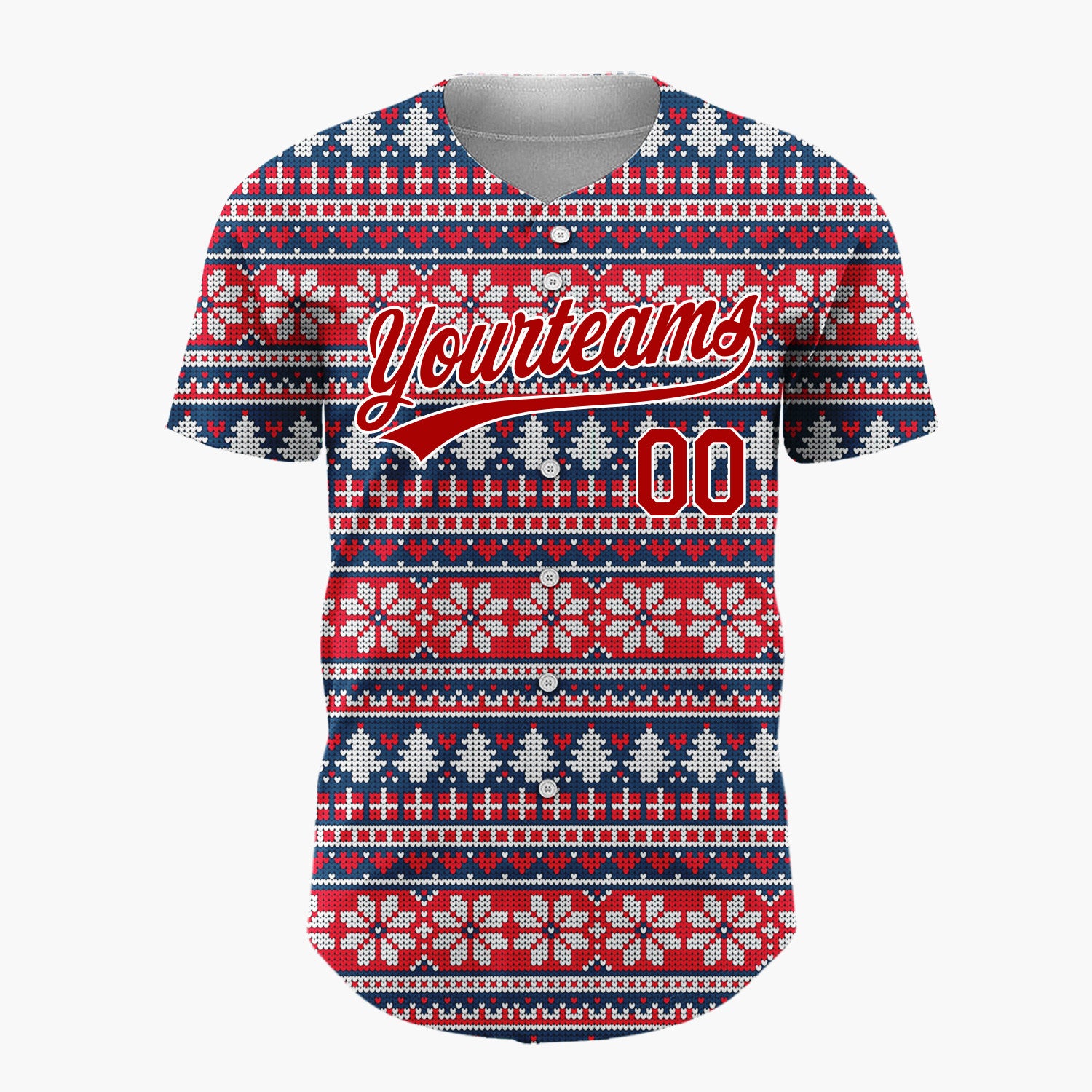 Custom Red White Trees And Snowflakes Nordic Fair Isle Knit Pattern Christmas Baseball Jersey