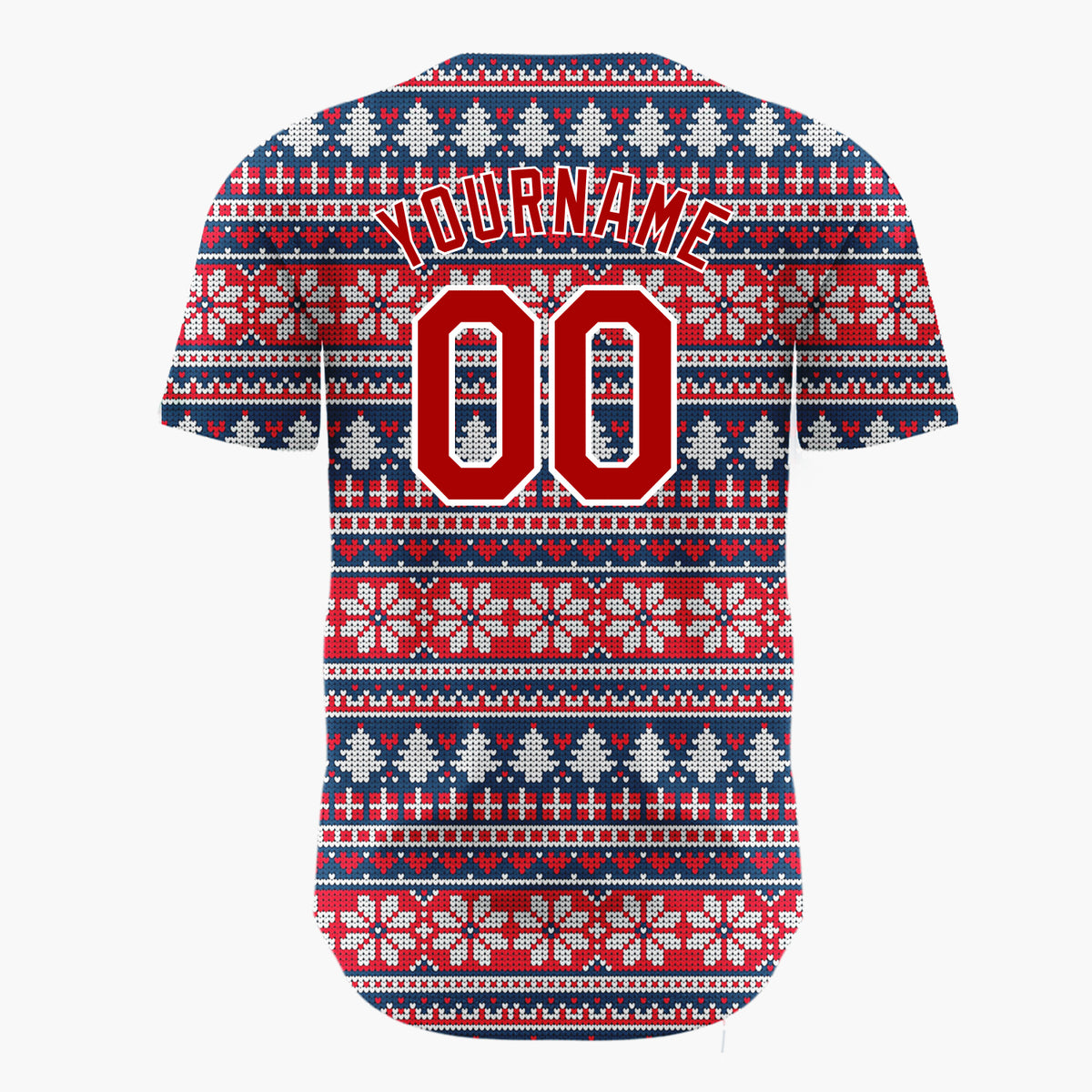 Custom Red White Trees And Snowflakes Nordic Fair Isle Knit Pattern Christmas Baseball Jersey